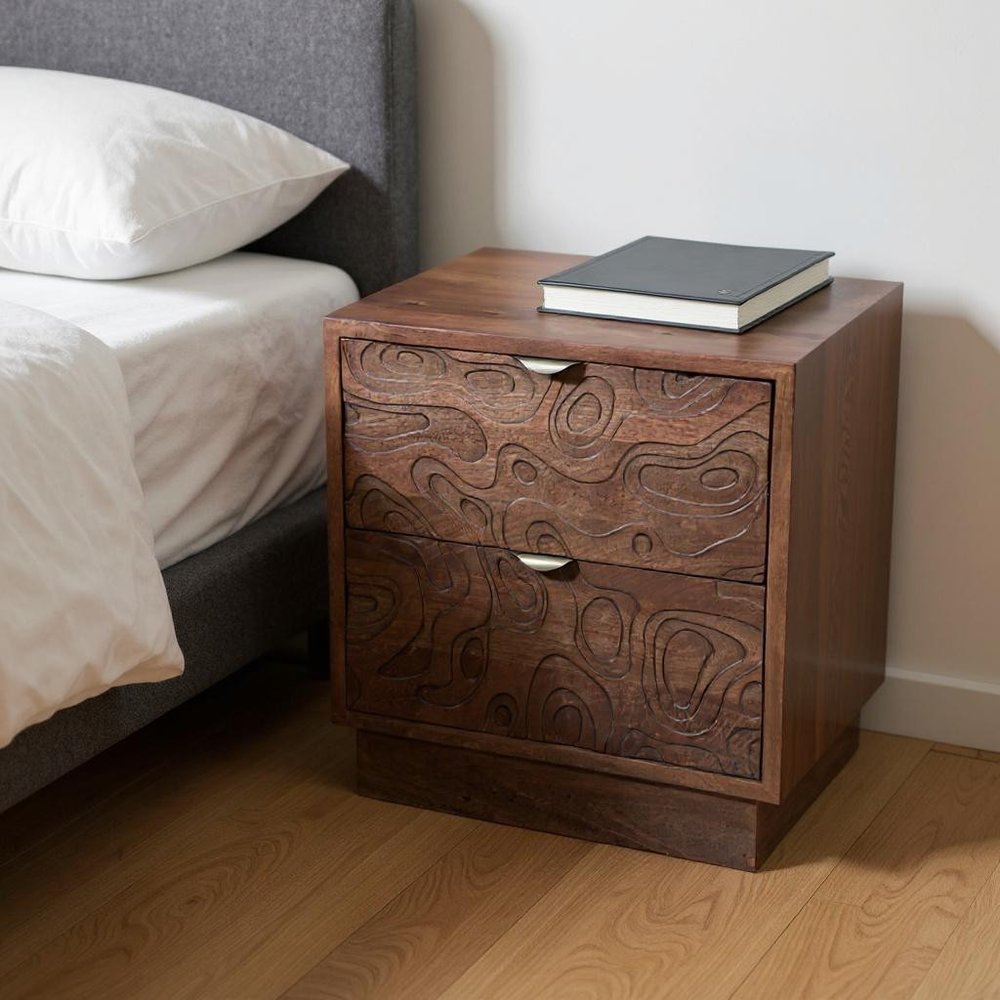 26" Brown Solid Wood Carved Abstract Two Drawer Nightstand HomeRoots