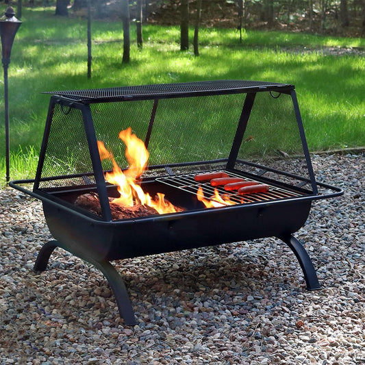 36" Black Steel Wood Burning Rectangular Fire Pit With Cover HomeRoots