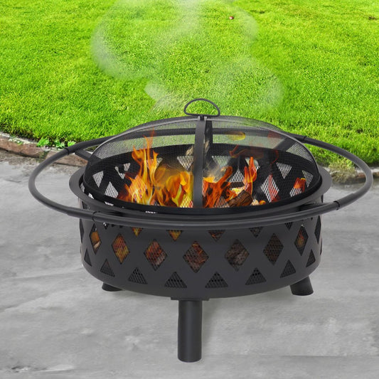 30" Black Steel Wood Burning Round Fire Pit With Cover HomeRoots