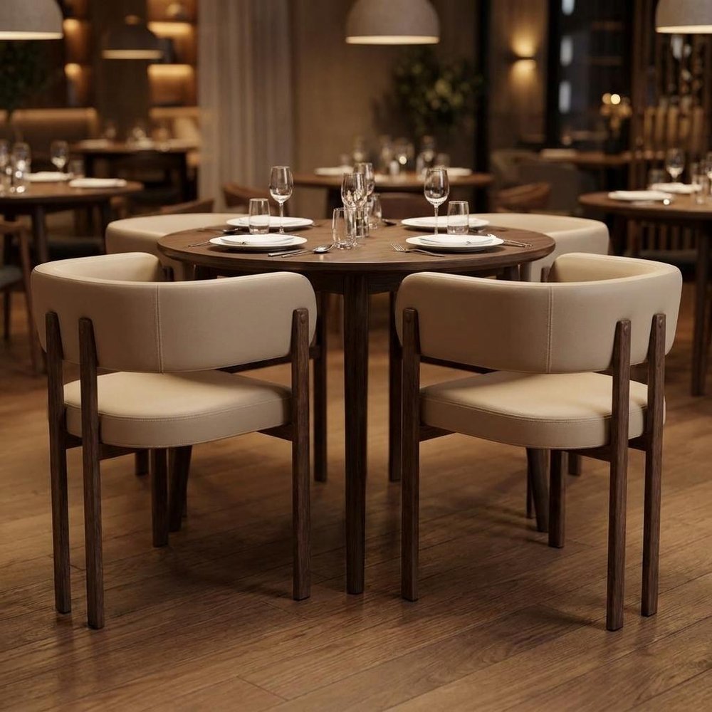 Set of Two Beige And Brown Faux Leather And Wood And Steel Open Back Dining Arm Chairs HomeRoots