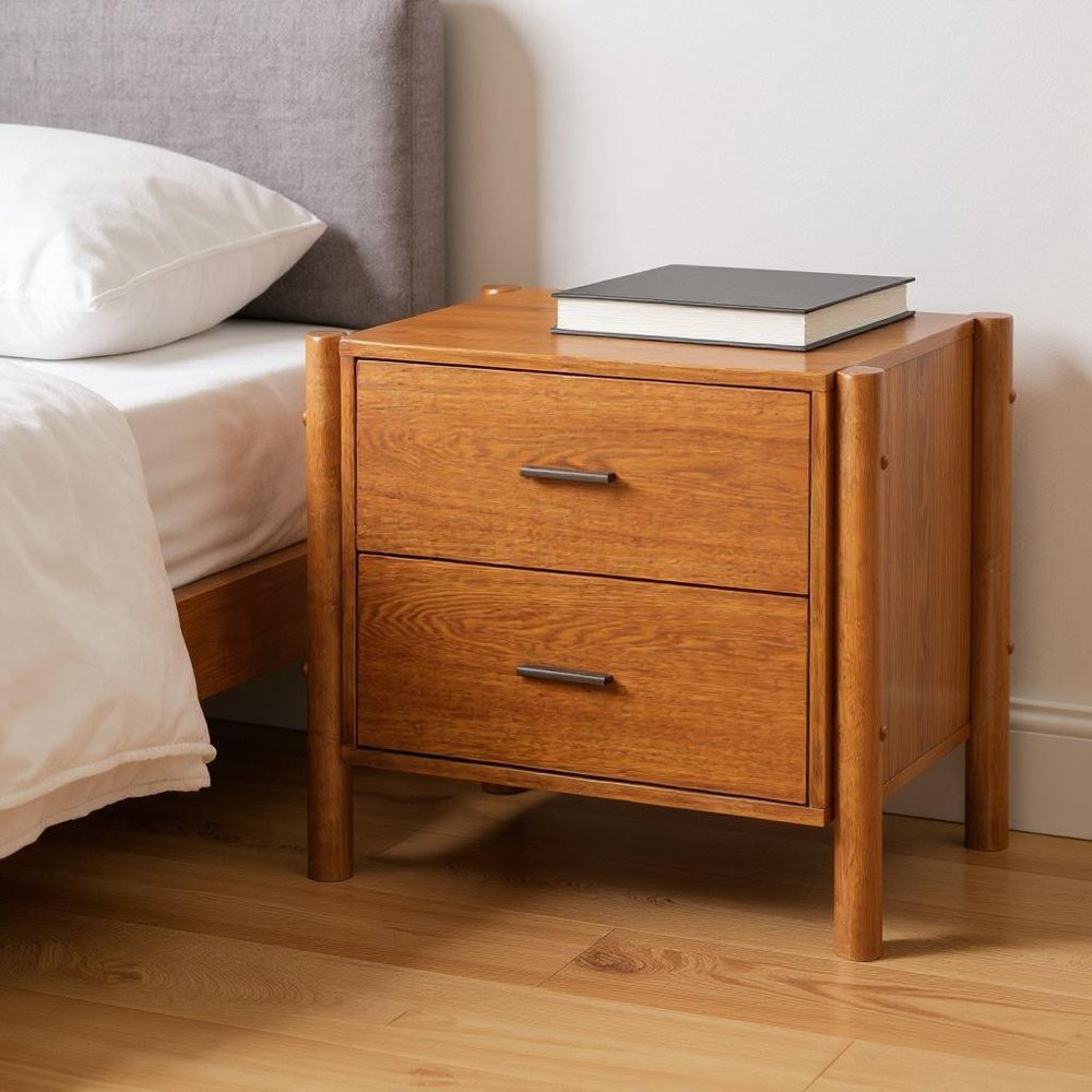 22" Brown Solid Wood Pedestal End Table With Two Drawers