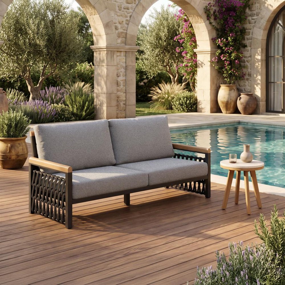 16" Beige and Natural Stone and Solid Wood Round Outdoor Side Table HomeRoots