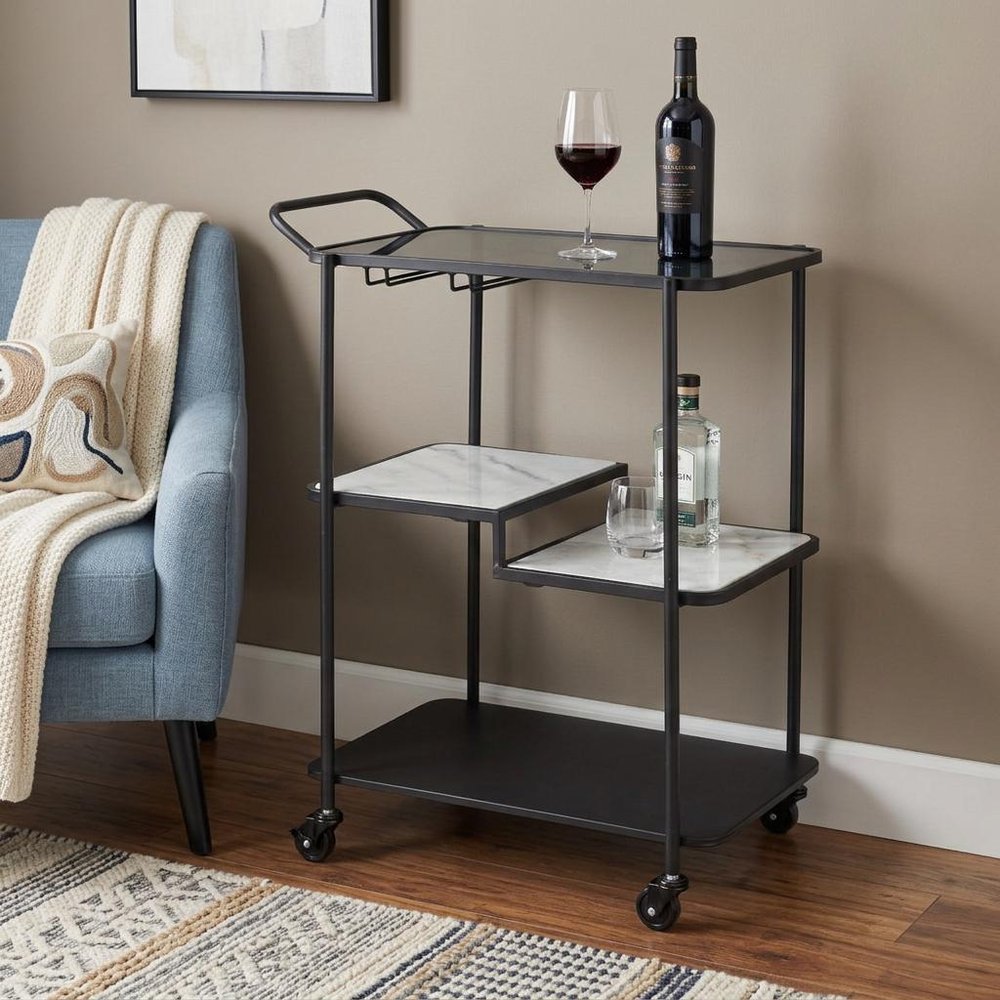 25" Black Steel and Faux Marble Glass Rolling Bar Cart HomeRoots
