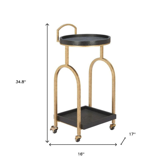 17" Black And Brass Steel and Solid Wood Distressed Round Rolling Bar Cart HomeRoots