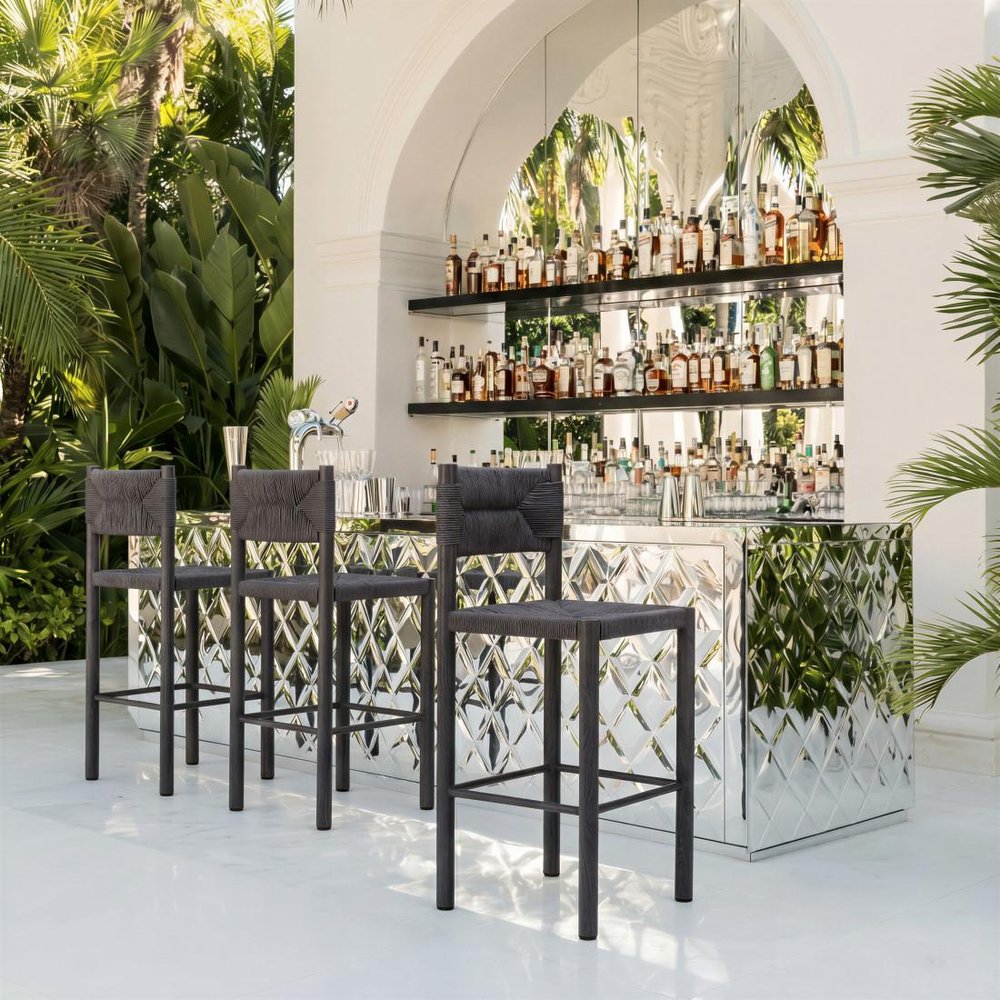 Set of Two 30" Black Rattan And Aluminum Low Back Bar Height Bar Chairs HomeRoots