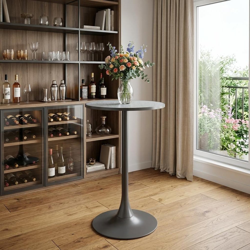24" Gray and Black Faux Terrazzo and Steel Rounded Bar Table HomeRoots
