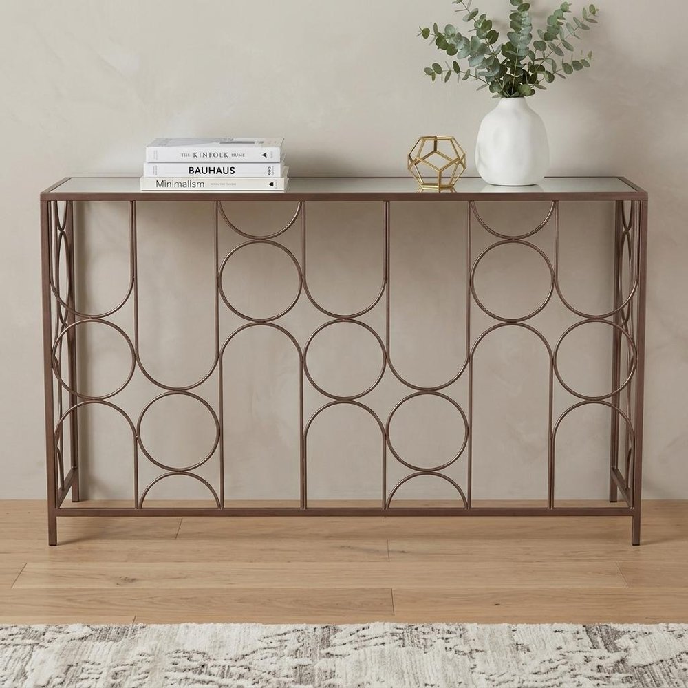 50" Clear and Bronze Mirrored Glass and Steel Frame Console Table HomeRoots