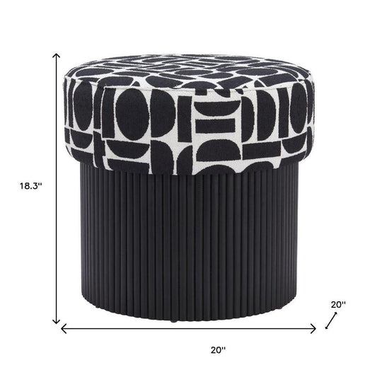 20" Black And White And Black Wood And Upholstery Cylinder Ottoman With Storage