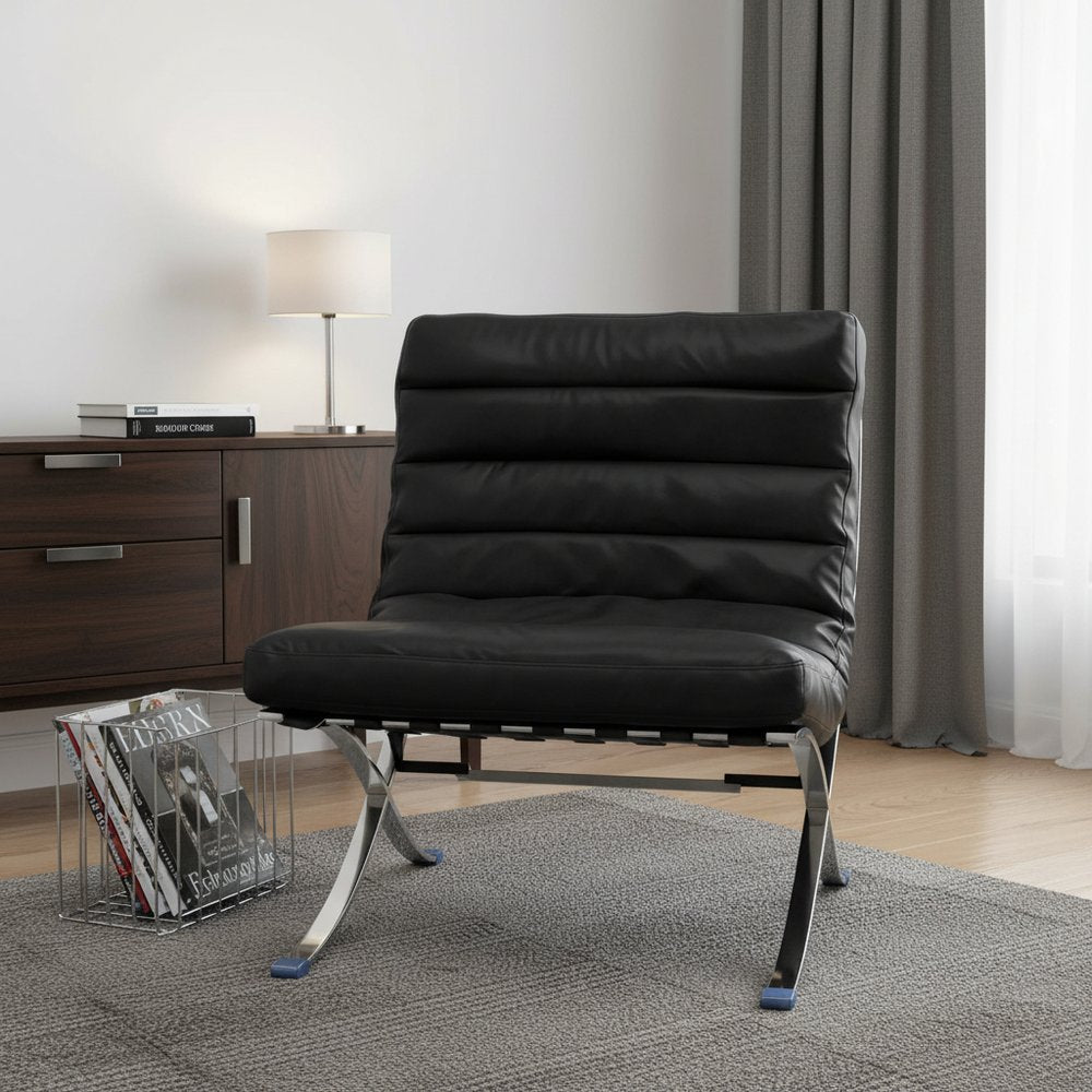 29" Black and Silver Tufted Leather and Upholstered Folding Lounge Chair HomeRoots