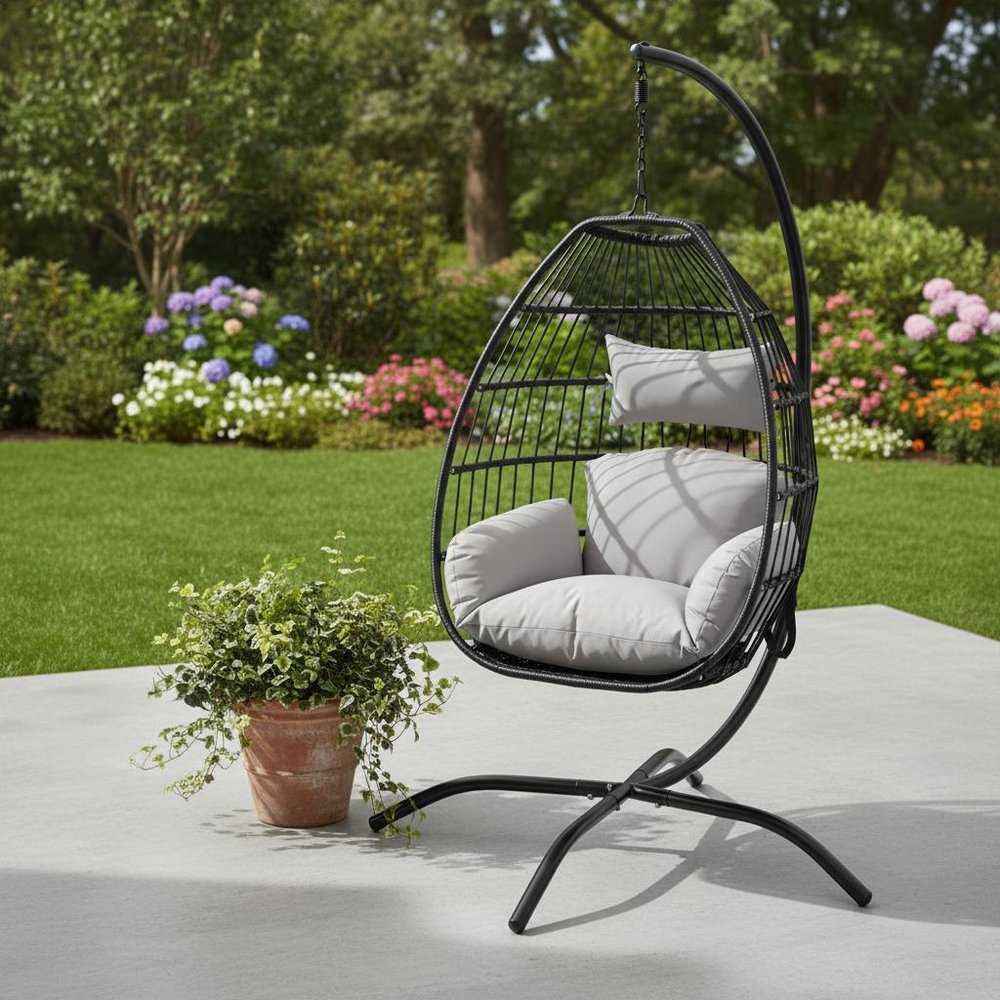 46" Black Steel Outdoor Folding Egg Chair with Gray Cushion HomeRoots