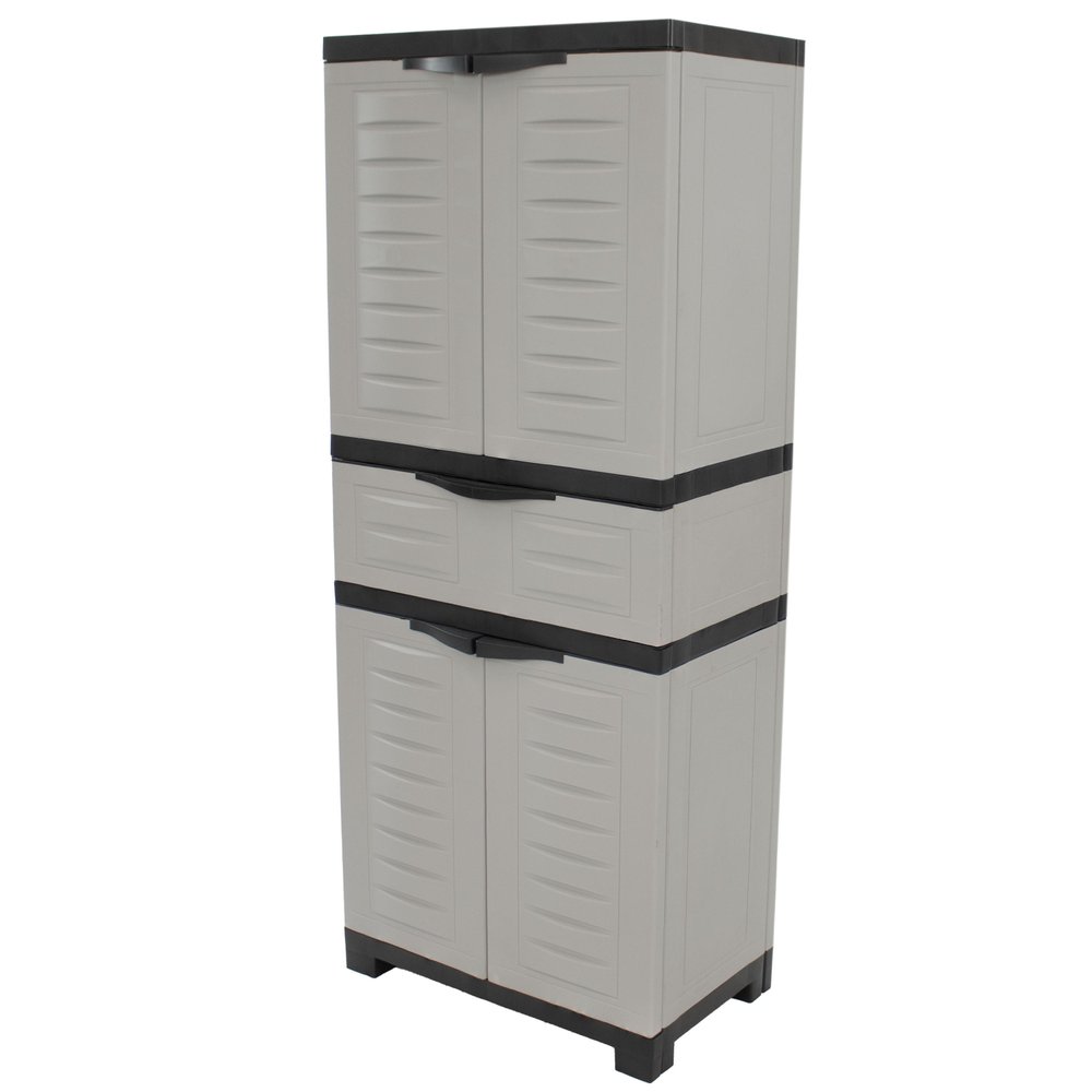 23" Black and Gray Plastic Accent Cabinet With Four Doors And One Drawer HomeRoots