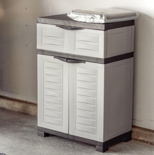 24" Gray Plastic Accent Cabinet With Two Doors And One Drawer HomeRoots