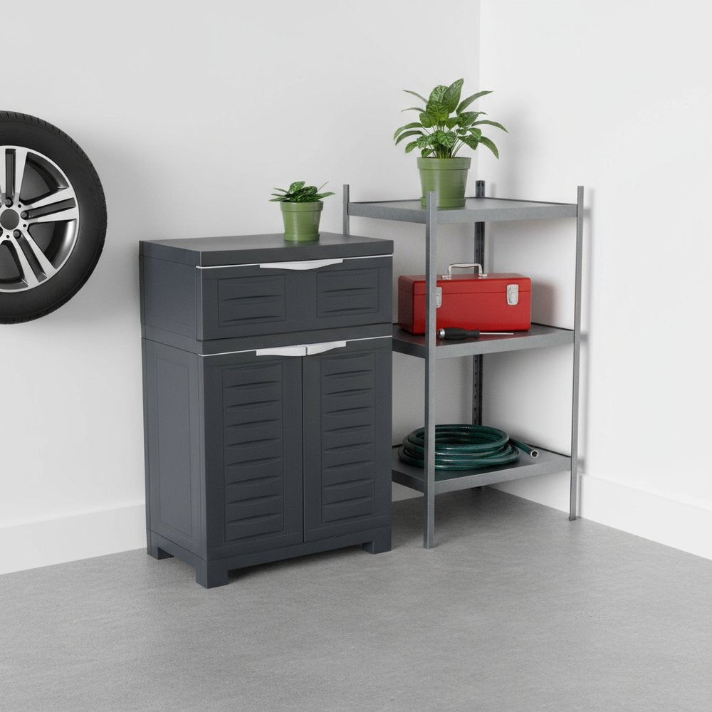 24" Charcoal Plastic Accent Cabinet With Two Doors And One Drawer HomeRoots