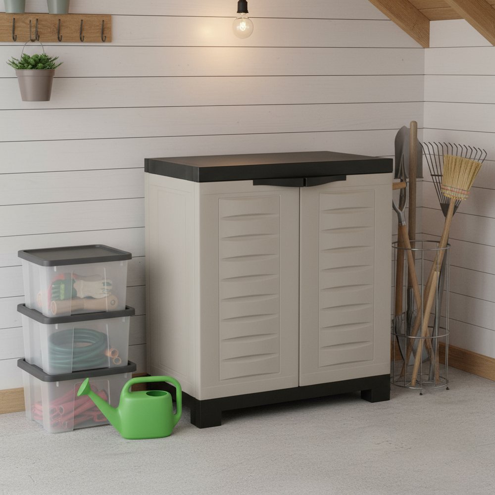 23" Black and Gray Plastic Accent Cabinet With Two Doors HomeRoots