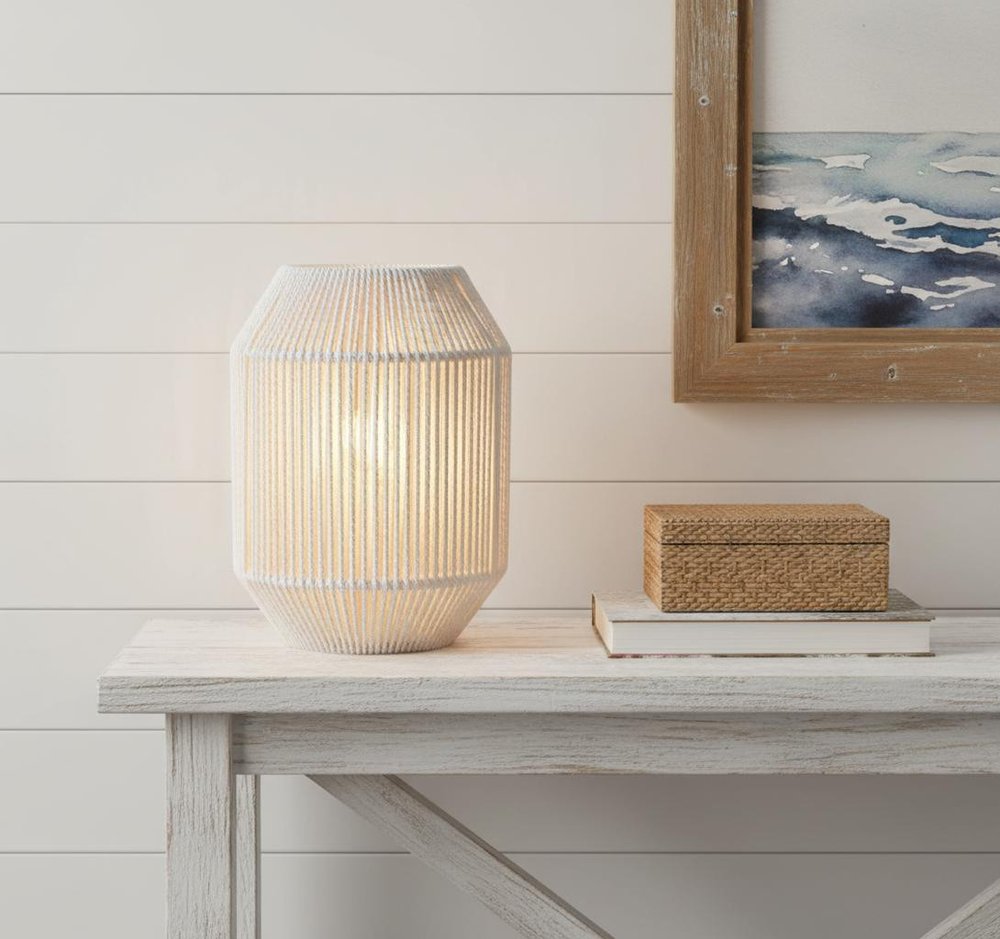7" Beige Battery Operated Geometric Desk Lamp With Novelty Shade HomeRoots