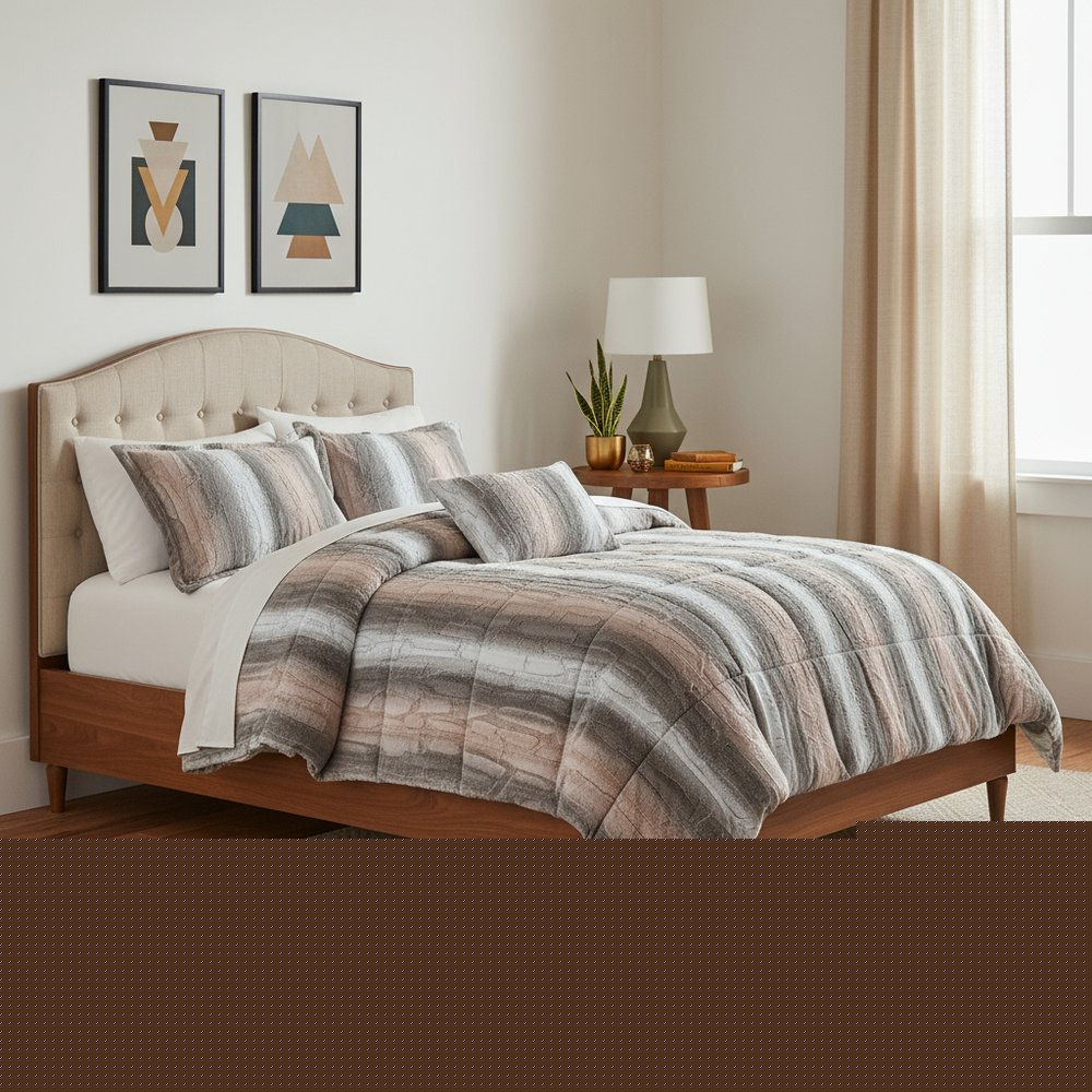Set of Four Gray And Pink Striped King Ring Stitch Polyester Sham And Comforter HomeRoots