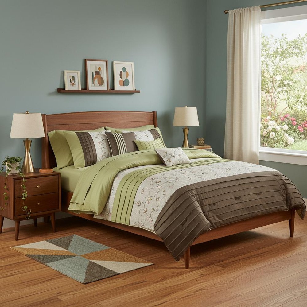 Set of Seven Green And Brown Floral King Ring Stitch Polyester Sham And Comforter HomeRoots