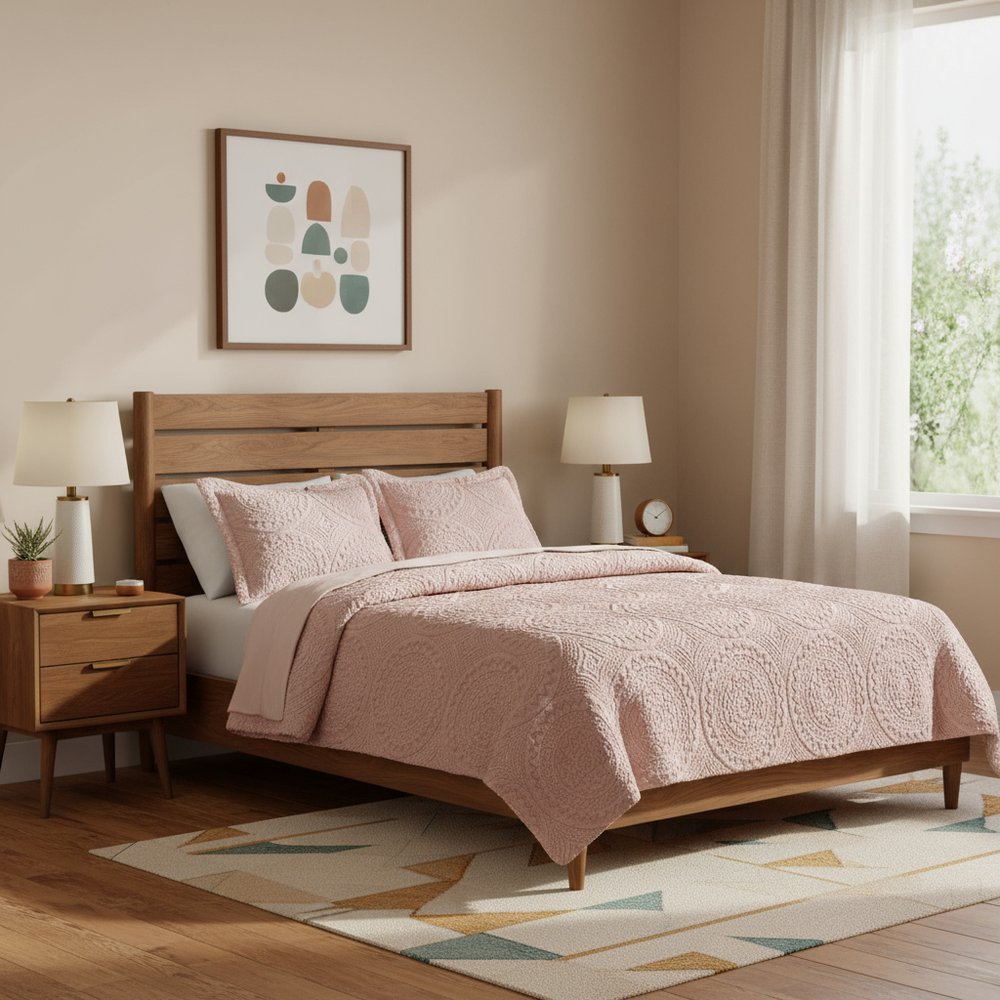 Set of Three Blush Medallion Twin Ring Stitch Polyester Sham And Comforter HomeRoots