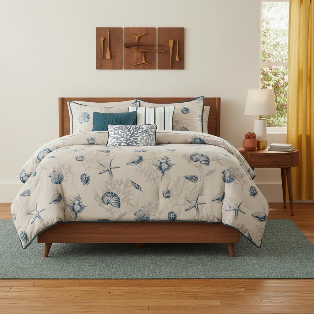 Set of Seven Blue And Ivory King Ring Stitch Sham And Comforter HomeRoots