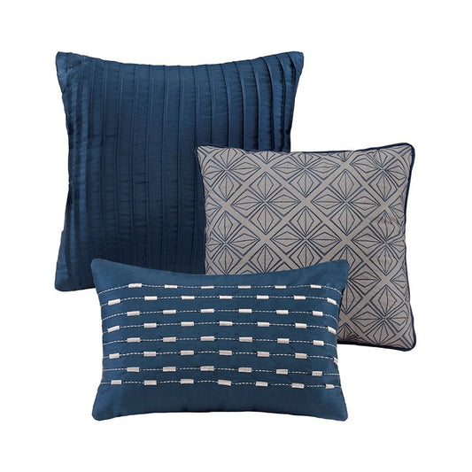 Set of Seven Navy Blue And Ivory Ombre King Ring Stitch Polyester Sham And Comforter HomeRoots