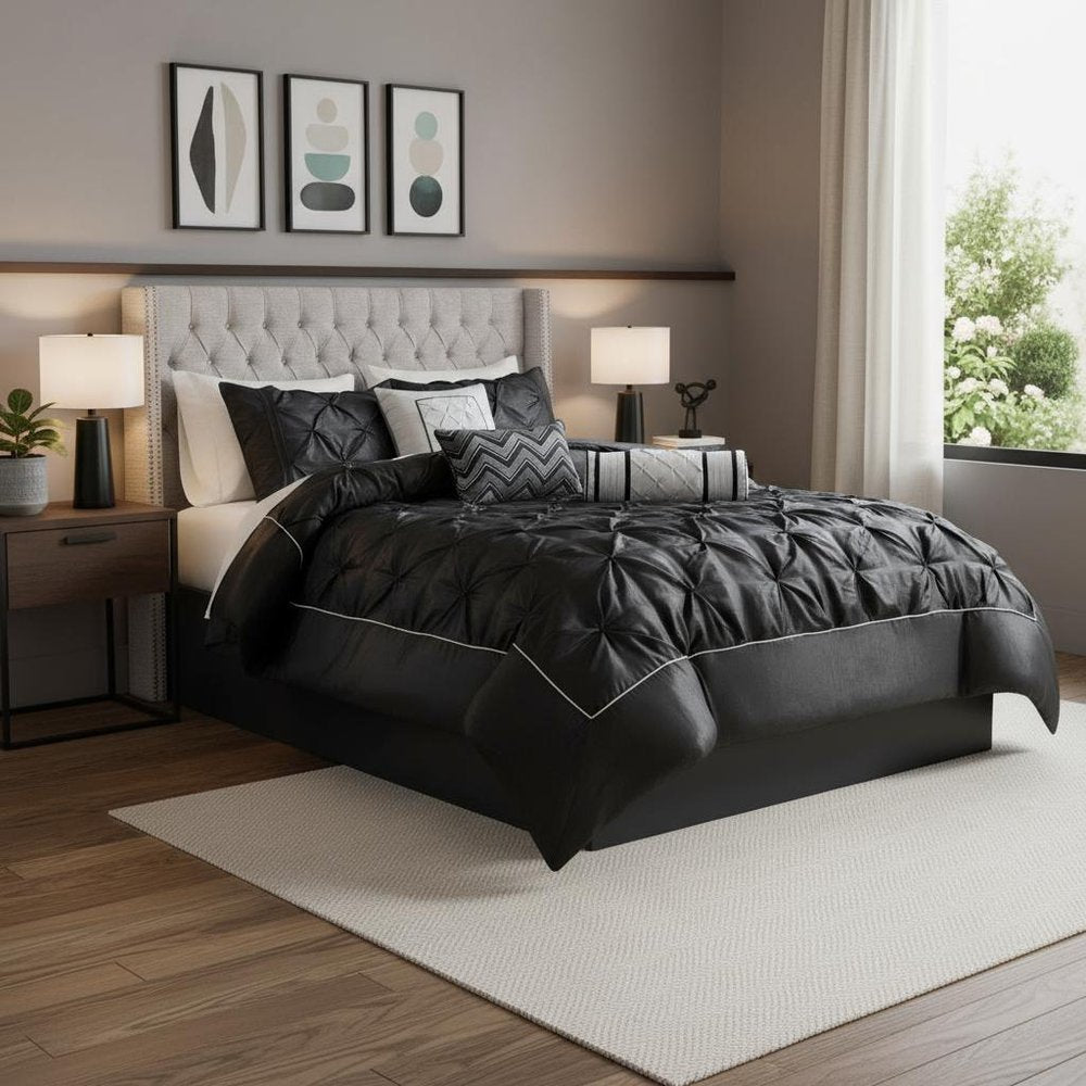 Set of Seven Black King Ring Stitch Polyester Sham And Comforter HomeRoots