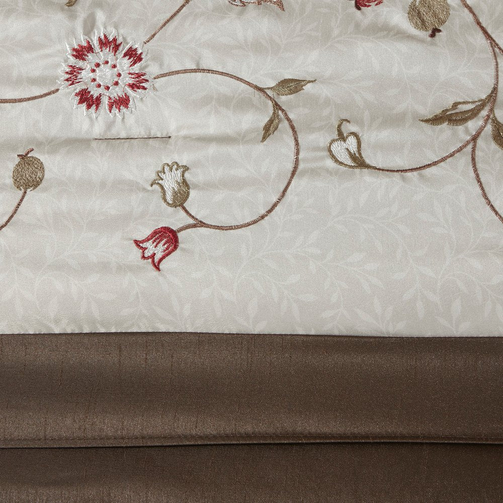 Set of Seven Red Brown And Ivory Floral King Ring Stitch Polyester Sham And Comforter HomeRoots