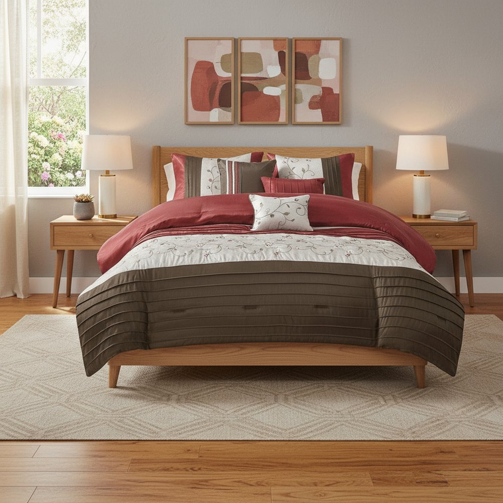 Set of Seven Red Brown And Ivory Floral King Ring Stitch Polyester Sham And Comforter HomeRoots