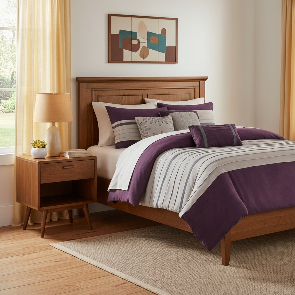 Set of Seven Purple And Gray Striped King Ring Stitch Polyester Sham And Comforter HomeRoots