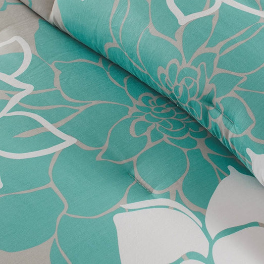 Set of Seven Aqua And White Floral King Ring Stitch Sham And Comforter HomeRoots