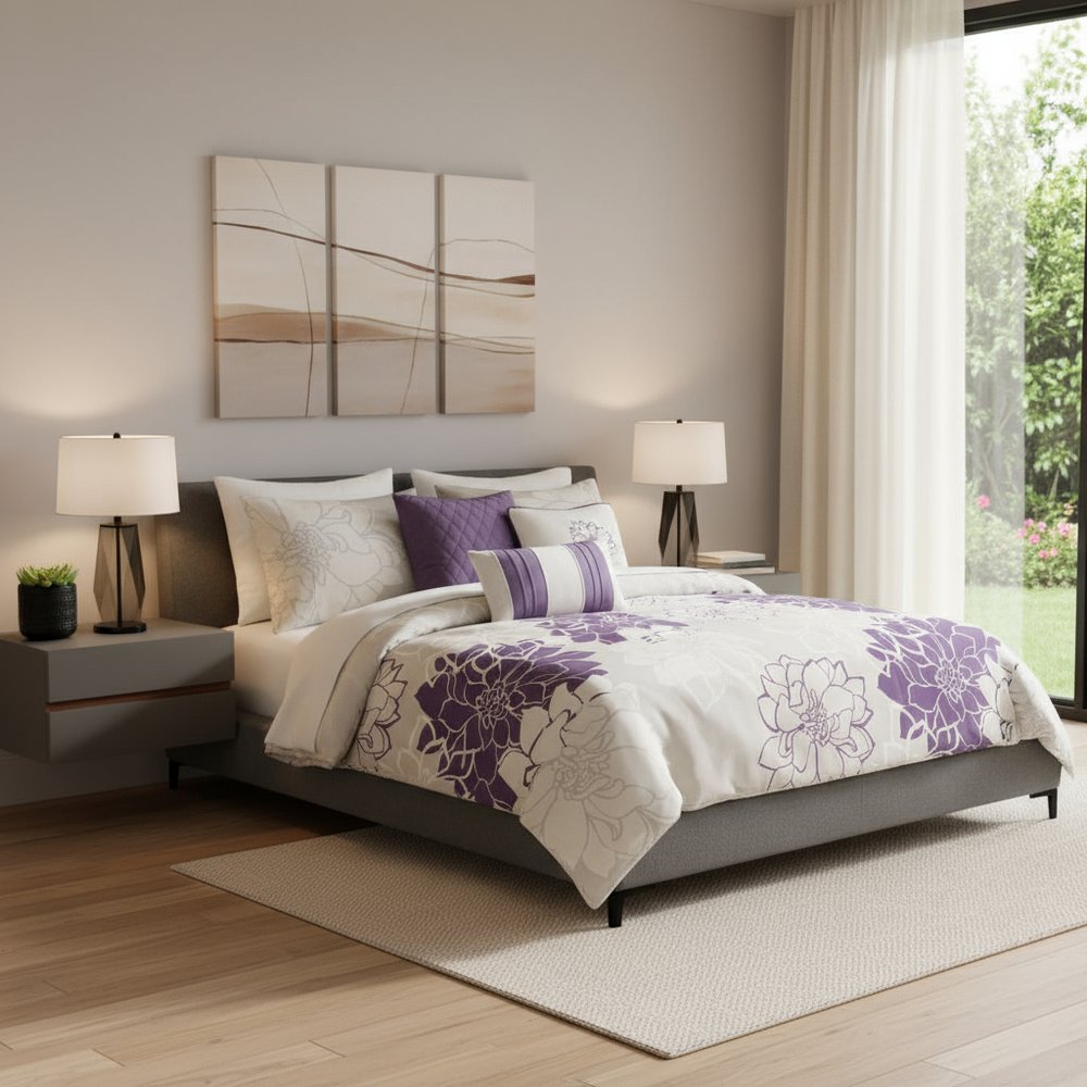Set of Seven Purple And White Floral King Ring Stitch Sham And Comforter HomeRoots