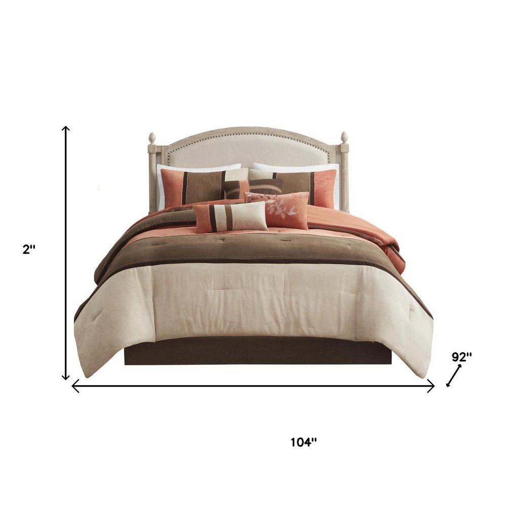 Set of Seven Coral And Brown Striped King Ring Stitch Polyester Sham And Comforter HomeRoots