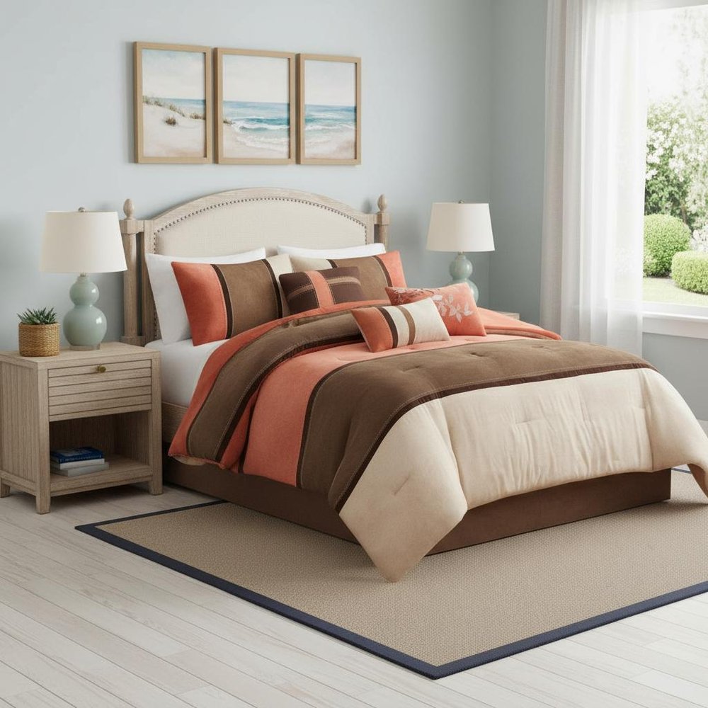 Set of Seven Coral And Brown Striped King Ring Stitch Polyester Sham And Comforter HomeRoots