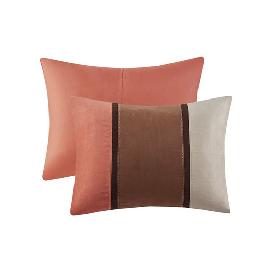 Set of Seven Coral And Brown Striped King Ring Stitch Polyester Sham And Comforter HomeRoots