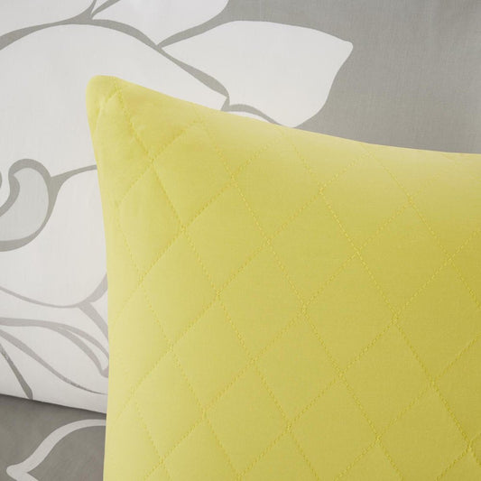 Set of Seven Gray And Yellow Floral Queen Ring Stitch Polyester Sham And Comforter HomeRoots