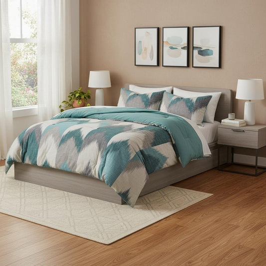 Set of Three Aqua And White King Ring Stitch Polyester Sham And Comforter HomeRoots