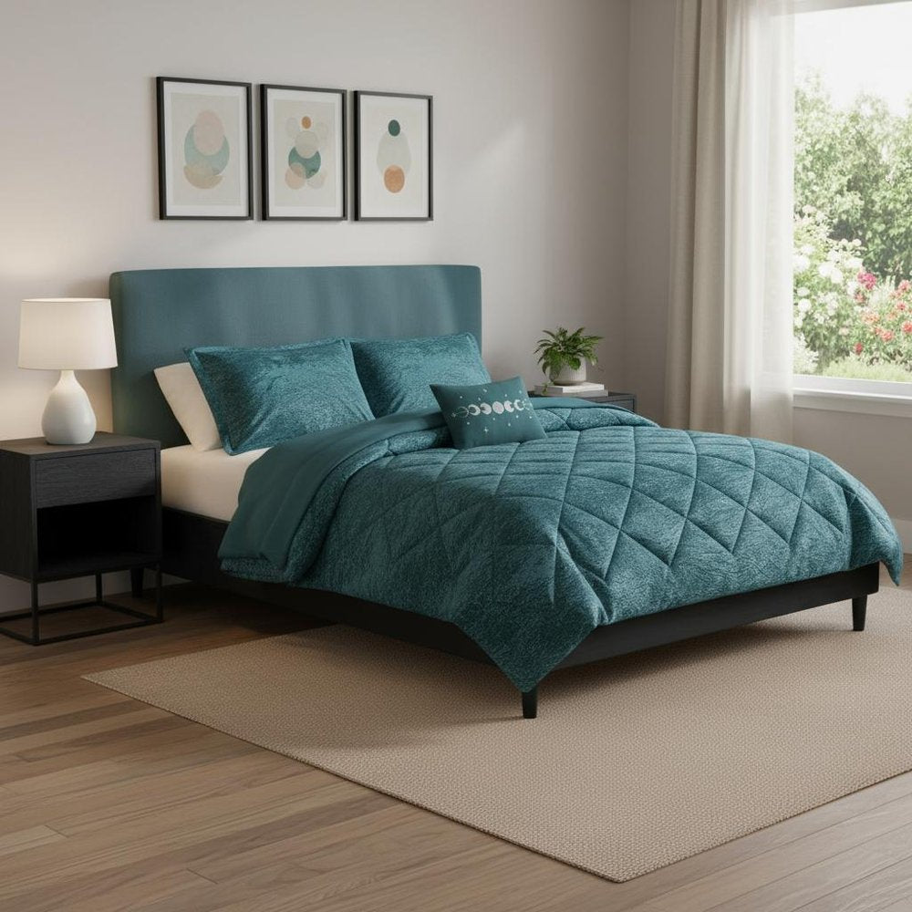 Set of Four Teal Blue King Ring Stitch Polyester Sham And Comforter HomeRoots