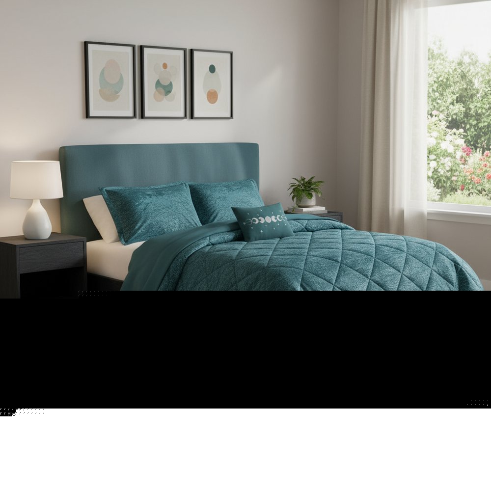 Set of Four Teal Blue King Ring Stitch Polyester Sham And Comforter HomeRoots