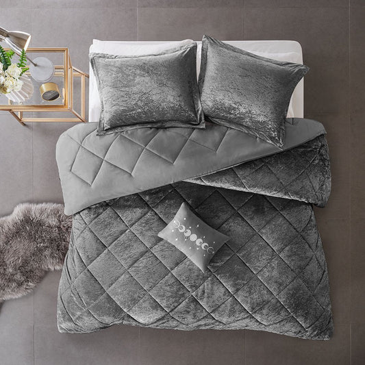 Set of Three Gray Twin Ring Stitch Polyester Sham And Comforter HomeRoots