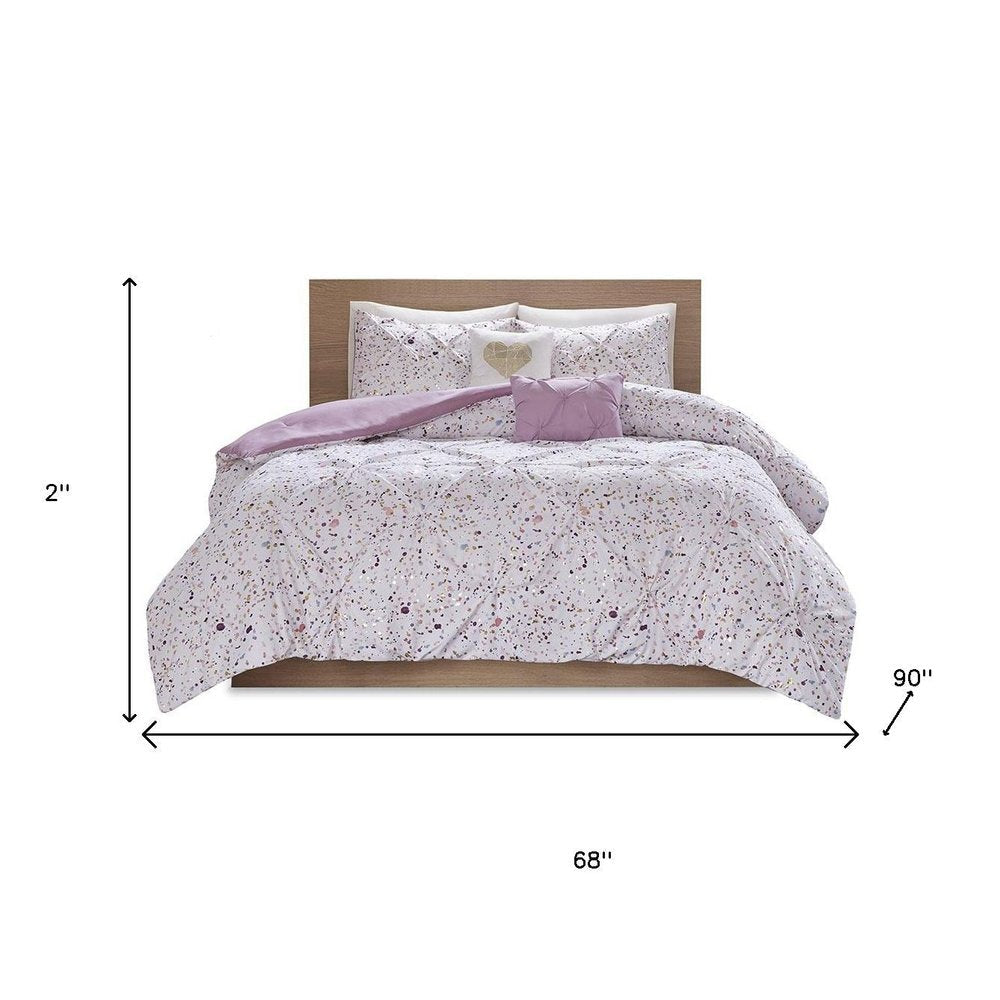 Set of Four Plum And White Abstract Ring Stitch Polyester Sham And Comforter HomeRoots