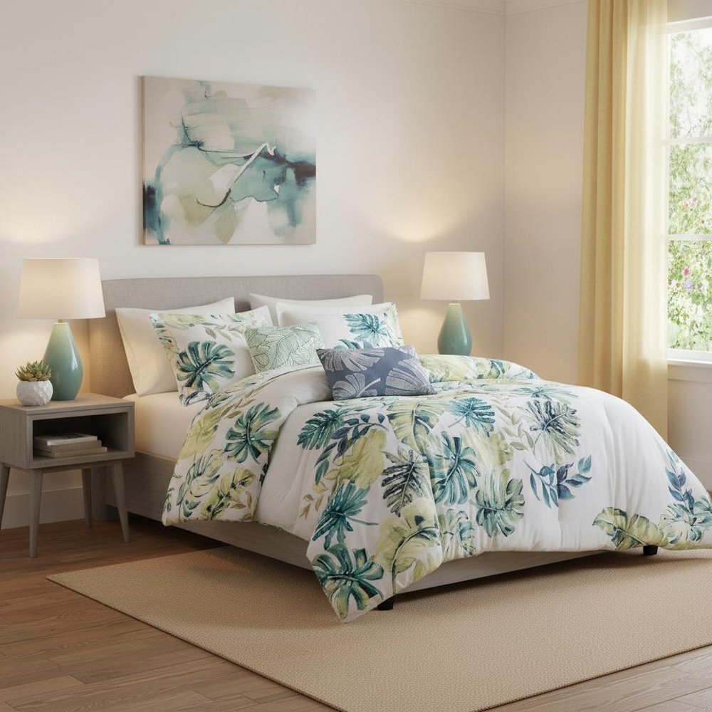 Set of Six White Blue And Green King Ring Stitch Sham And Comforter HomeRoots