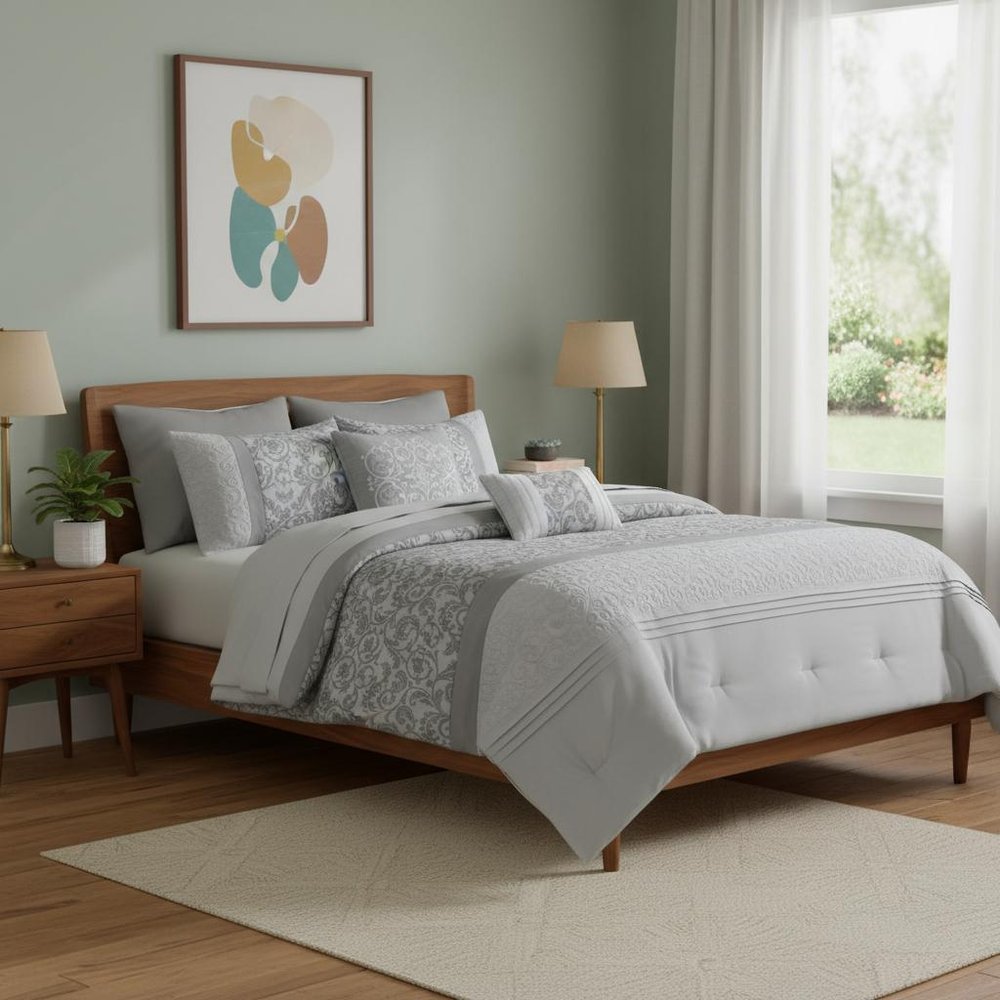 Set of Eight Gray And Ivory Damask Ring Stitch Polyester Sham And Comforter HomeRoots