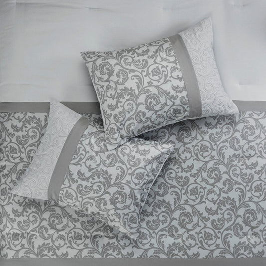 Set of Eight Gray And Ivory Damask Ring Stitch Polyester Sham And Comforter HomeRoots