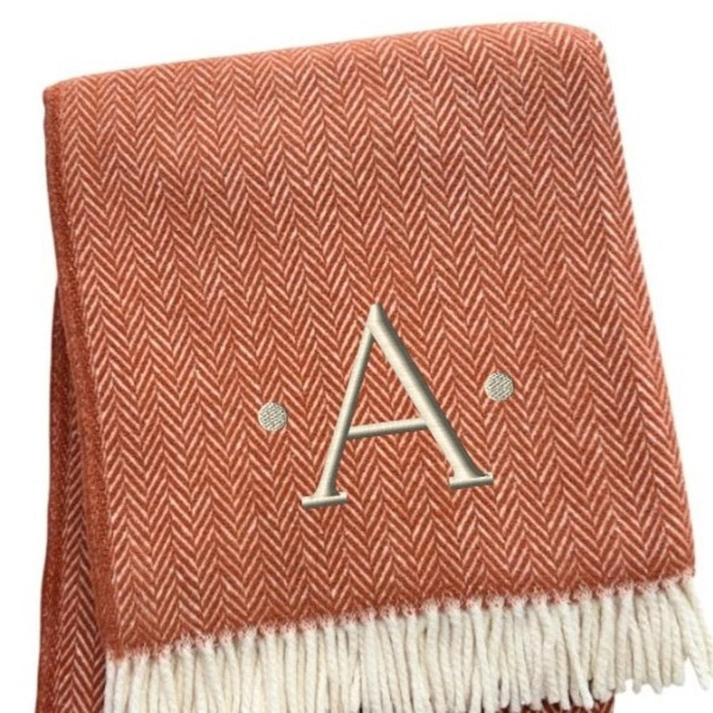 55" X 70" Terra Cotta And White Herringbone Cotton Blend S Initial Throw Blanket with Tassels And Embroidery HomeRoots
