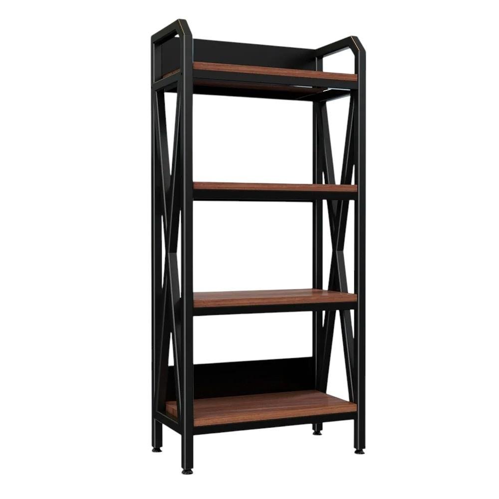 56" Black And Brown Metal and Wood Four Tier Etagere Bookcase HomeRoots