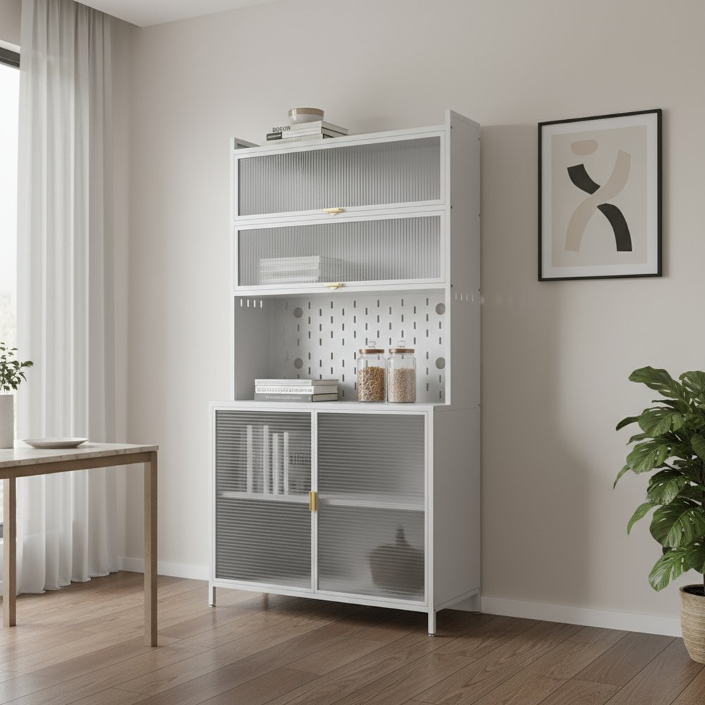 73" White Stainless Steel Textured Door Dining Hutch With Two Doors HomeRoots