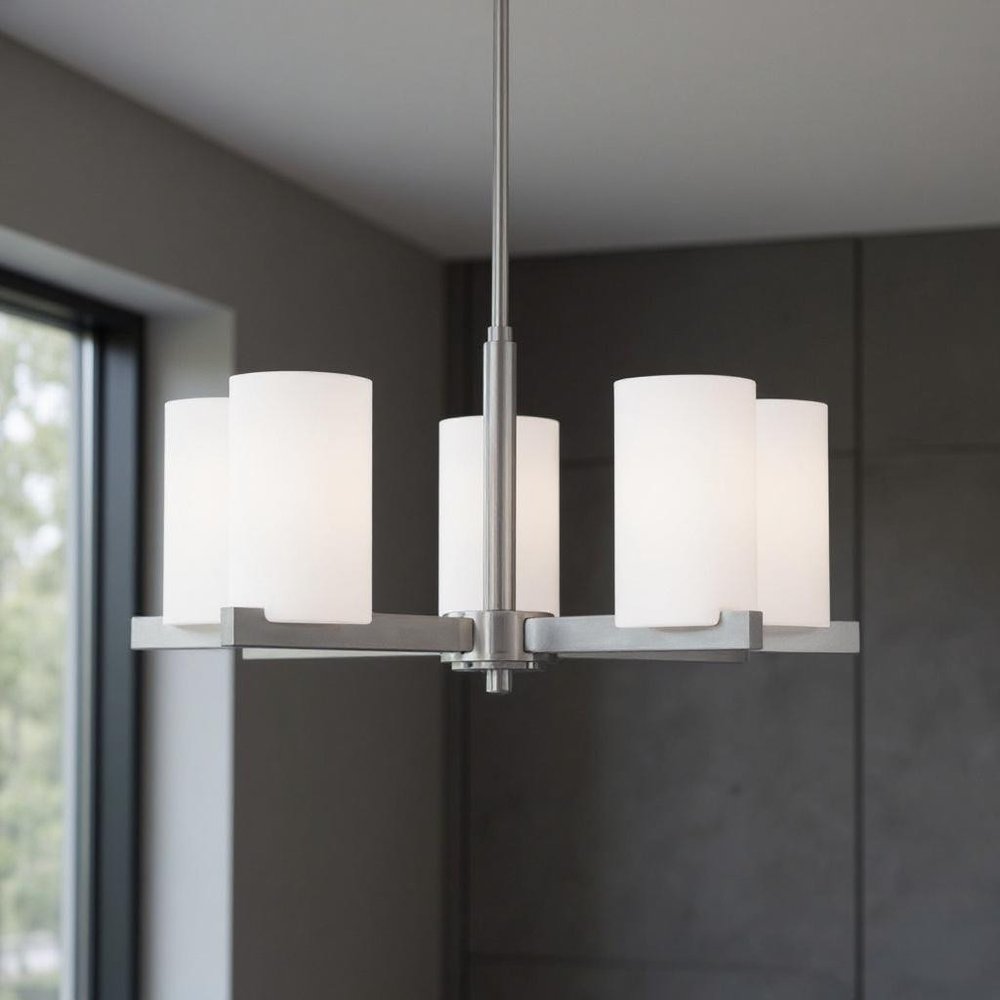 Nickel Five Light Metal Dimmable Chandelier With Shades HomeRoots