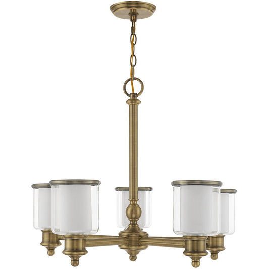 Antiqued Brass Five Light Metal Dimmable Chandelier With Shades HomeRoots