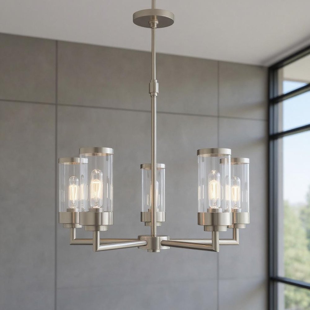 Nickel Five Light Metal Dimmable Chandelier With Shades HomeRoots