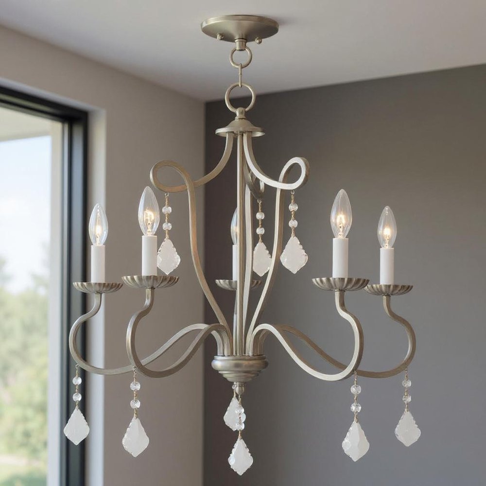 Nickel Five Light Metal Dimmable Chandelier With Shades HomeRoots