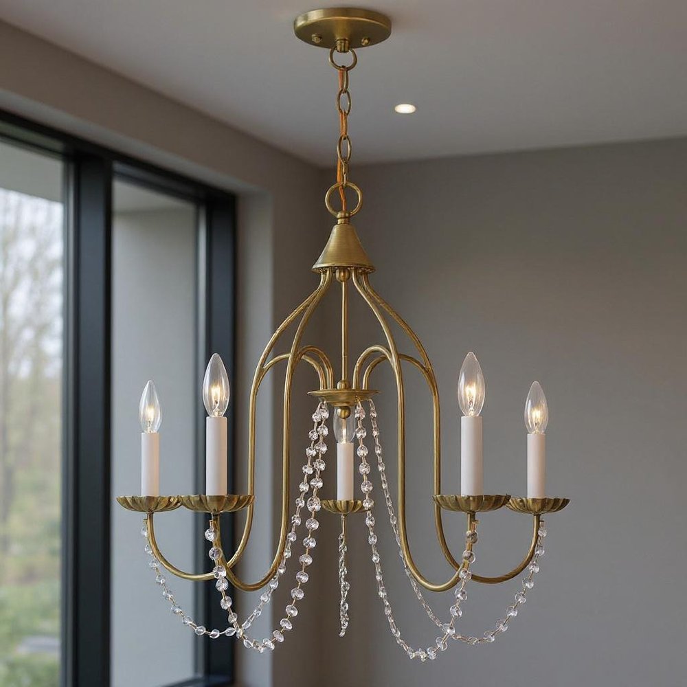 Antiqued Brass Five Light Metal Dimmable Chandelier With Shades HomeRoots
